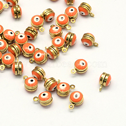Golden Tone Brass Enamel Charms, Round with Eye, Coral, 10x7x6.5mm, Hole: 1mm(KK-Q571-04D)