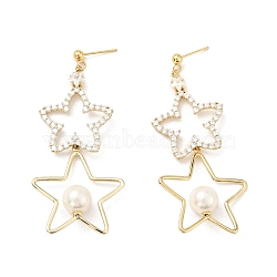 Clear Cubic Zirconia Stars Dangle Stud Earrings with Acrylic Pearl, Brass Jewelry for Women, Cadmium Free & Nickel Free & Lead Free, Real 18K Gold Plated, 70mm, Pin: 0.7mm(EJEW-G297-06G)