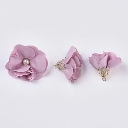 Handmade Cloth Pendant Decorations, with Alloy Findings, Flower, Plum, 24~26x24~25mm, Hole: 2mm(FIND-063-01J)