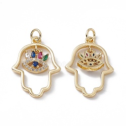 Brass Colorful Cubic Zirconia Pendants, with Jump Ring, Hamsa Hand/Hand of Miriam with Evil Eye Charms, Real 18K Gold Plated, 24x17x3mm, Hole: 3mm(KK-E068-VA188-2)
