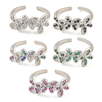 Flower Rack Plating Brass Micro Pave Cubic Zirconia Open Cuff Rings for Women, Cadmium Free & Lead Free, Long-Lasting Plated, Platinum, Mixed Color, Flower: 9.8x20.5mm, Adjustable