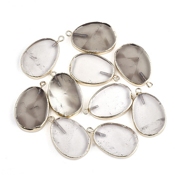 Electroplate Natural Smoky Quartz Pendants, with Iron Findings, Oval, Golden, 27~29x18~19.5x4~5mm, Hole: 1.8mm