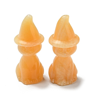 Natural Topaz Jade Carved Healing Cat with Witch Hat Figurines, Reiki Energy Stone Display Decorations, 48~50x19~21mm