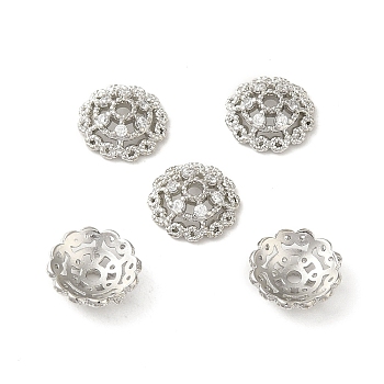Rack Plating Brass Beads Caps, with Clear Cubic Zirconia, Long-Lasting Plated, Lead Free & Cadmium Free, Flower, Platinum, 10x10x3.5mm, Hole: 1.5mm