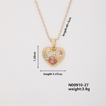 Vintage Heart-shaped Brass Micro Pave Pink Cubic Zirconia Pendant Necklaces, Cable Chain Necklaces for Women, Golden, 15.75 inch(400mm)