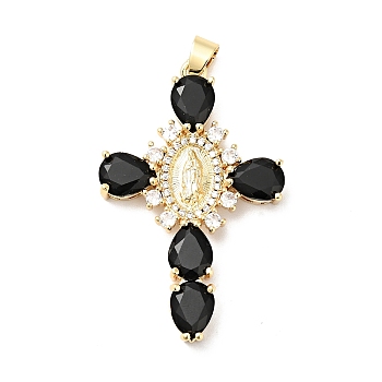 Rack Plating Brass Micro Pave Cubic Zirconia Pendants, Cadmium Free & Lead Free, Real 18K Gold Plated, Cross with Saint, Black, 45.5x29x6mm, Hole: 4x6mm