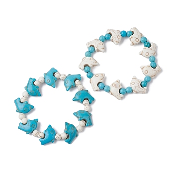 2Pcs 2 Style Synthetic Turquoise & Howlite Dolphin Beaded Stretch Bracelets Set, Stackable Bracelets, Inner Diameter: 1-3/4 inch(4.5cm), 1Pcs/style