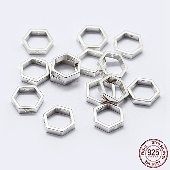 925 Sterling Silver Bead Frames, Hexagon, Silver, 7.5x8.5x2mm, Hole: 0.8mm, Inner: 6x7mm