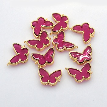 Real 18K Gold Plated Brass Resin Links connectors, Butterfly, Cerise, 12x17x3mm, Hole: 1mm