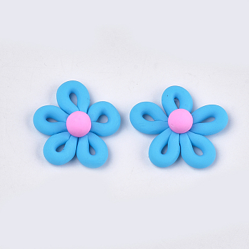 Handmade Polymer Clay Cabochons, Flower, Deep Sky Blue, 27~28x26~28x10~11mm