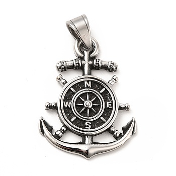 Tibetan Style 304 Stainless Steel Pendants, Anchor & Helm Charm, Compass Charm, Antique Silver, 42x32x4mm, Hole: 9x6.5mm