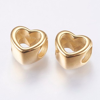 304 Stainless Steel European Beads, Ion Plating (IP), Large Hole Beads, Hollow Heart, Golden, 10.5x11.5x8mm, Hole: 5mm