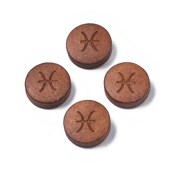 Laser Engraved Wood Beads, Flat Round with 12 Constellations, Dyed, Camel, Pisces, 12x4mm, Hole: 1.6mm