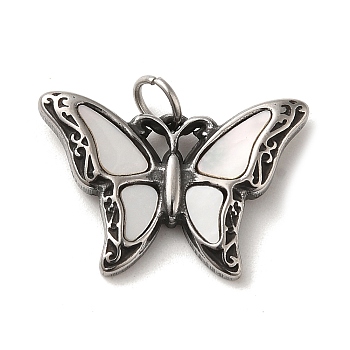 304 Stainless Steel Pave Shell Pendants, Butterfly Charms with Jump Ring, Antique Silver, 14.5x21x2mm, Hole: 3.5mm