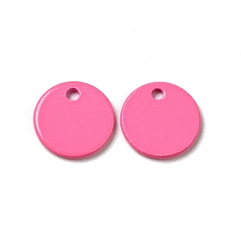 Spray Painted 201 Stainless Steel Charms, Flat Round Charms, Hot Pink, 8.5x1mm, Hole: 1mm