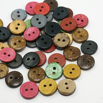Flat Round Coconut Buttons, 2-Hole Sewing Buttons, Mixed Color, 12.5~13x2mm, Hole: 2mm