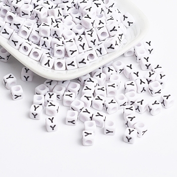 Acrylic Horizontal Hole Letter Beads, Cube, White, Letter Y, Size: about 6mm wide, 6mm long, 6mm high, hole: about 3.2mm, about 2600pcs/500g