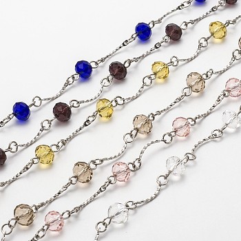 Handmade Faceted Rondelle Glass Beads Chains for Necklaces Bracelets Making, with Brass Bar Links and Iron Eye Pin, Unwelded, Mixed Color, 39.3, about 31sets/strand
