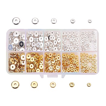 Flat Round Brass Spacer Beads, Barrel Plating, Golden & Silver, 4~8x1.5~2mm, Hole: 1.5~2mm, 450pcs/box