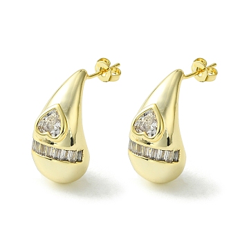 Brass with Cubic Zirconia Studs Earrings, Teardrop with Heart, Real 16K Gold Plated, 24x12mm