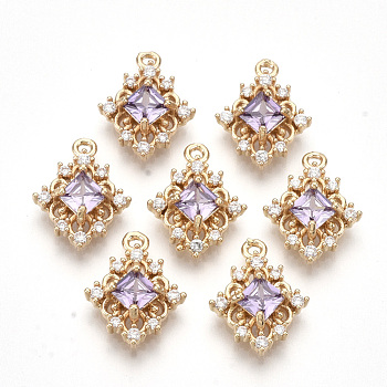 Golden Tone Brass Pendants, with Faceted Glass and Clear Rhinestone, Rhombus, Violet, 14.5x11x4mm, Hole: 1.2mm, Diagonal Length: 14.5mm, Side Length: 10mm