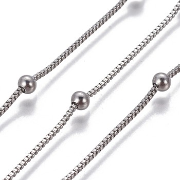 304 Stainless Steel Box Chains, with Round Beads, Unwelded, Stainless Steel Color, 1mm