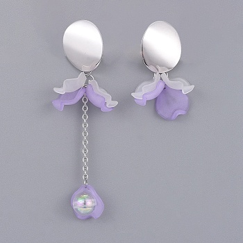 Petal Transparent Acrylic Dangle Stud Earrings, Asymmetrical Earrings, with Brass Stud Earring Findings, 304 Stainless Steel Cable Chains and Ear Nuts, Real Platinum Plated, Lilac, 90mm, Pin: 0.8mm, 43mm, Pin: 0.8mm