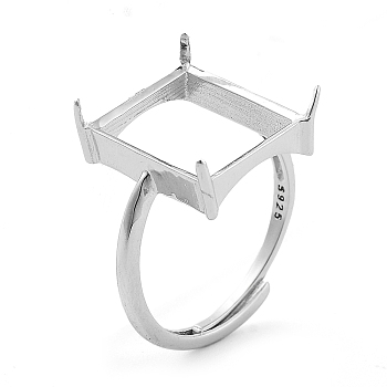 Rectangle Adjustable 925 Sterling Silver Ring Components, 4 Claw Prong Ring Settings, Real Platinum Plated, Inner Diameter: 18mm