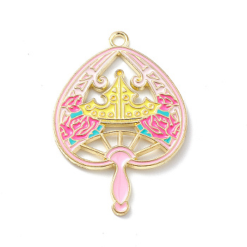 Alloy Enamel Pendants, Light Gold, Magic Fan with Crown Charm, Pink, 38x26.5x1.5mm, Hole: 2mm