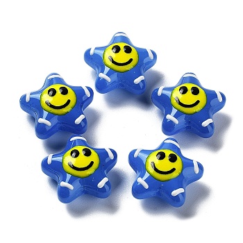 Handmade Lampwork Bead, with Enamel, Star with Smiling Face, Royal Blue, 20~20.5x21~21.5x10.5~11mm, Hole: 1.6mm