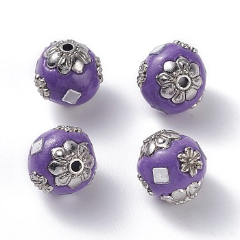 Handmade Indonesia Beads, with Alloy Findings, Round, Medium Purple, 13~14mm, Hole: 1.5~2mm