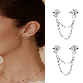 1 Pair Zinc Alloy with Crystal Rhinestone Stud Earrings for Women, Rhombus & Flat Round, Platinum, 35.5x6mm