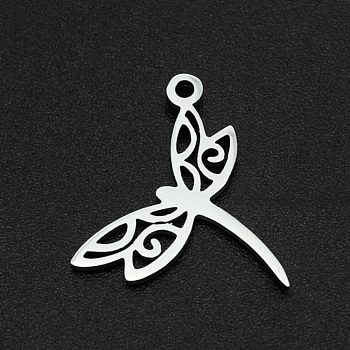 201 Stainless Steel Pendants, Laser Cut, Dragonfly, Stainless Steel Color, 15x17.5x1mm, Hole: 1.4mm