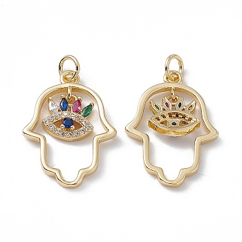 Brass Colorful Cubic Zirconia Pendants, with Jump Ring, Hamsa Hand/Hand of Miriam with Evil Eye Charms, Real 18K Gold Plated, 24x17x3mm, Hole: 3mm