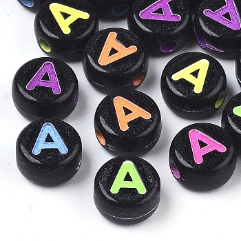 Opaque Black Acrylic Beads, Horizontal Hole, Flat Round with Mixed Color Letter, Letter.A, 7x4mm, Hole: 1.6mm