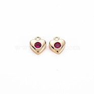 Brass Micro Pave Cubic Zirconia Charms, Heart, Nickel Free, Real 18K Gold Plated, Fuchsia, 8x7x2.5mm, Hole: 1.2mm(KK-R136-053A-NF)