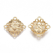 Brass Filigree Joiners, Square with Flower, Real 18K Gold Plated, 14.5x14.5x3.5mm(X-KK-T038-52G)