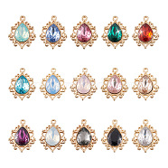 30Pcs 15 Colors Resin Rhinestone Pendants, with Light Gold Alloy Findings, Teardrop, Mixed Color, 24.5x19x5mm, Hole: 2mm, 2pcs/color(RESI-KS0001-14)