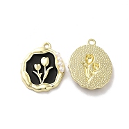 Alloy Enamel Pandants, with ABS Plastic Imitation Pearl, Lead Free & Cadmium Free, Light Gold, Oval with Flower, Black, 23.5x19x4.5mm, Hole: 1.8mm(ENAM-K067-083G-03)