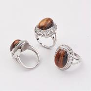 Natural Tiger Eye Finger Rings, with Brass Ring Finding, Platinum, Oval, Size 8, 18mm(RJEW-P122-13)
