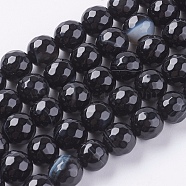 Natural Black Striped Agate/Banded Agate Beads Strands, Faceted, Dyed, Round, Black, 8mm, Hole: 1mm, about 48pcs/strand, 15 inch(G-G581-8mm-03)
