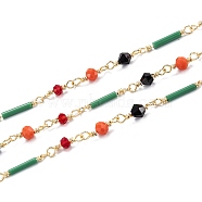 3.28 Feet Brass Handmade Beaded Chains, with Colorful Faceted Glass Beads, Long-Lasting Plated, Unwelded, Long Column, Light Gold, Column:19x2mm, bead: 12x3.5/12x4/13x4.5mm(X-CHC-M021-19LG)