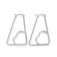 201 Stainless Steel Hoop Earrings, with 304 Stainless Steel Pin, Hypoallergenic Earrings, Triangle with Heart, Stainless Steel Color, 46.5x30x1.9mm, Pin: 0.8mm(EJEW-A052-21A)