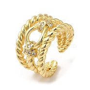 Rack Plating Real 18K Gold Plated Brass Hollow Open Cuff Rings, with Cubic Zirconia, Long-Lasting Plated, Lead Free & Cadmium Free, Clear, US Size 8 1/2(18.5mm)(RJEW-B048-07G)