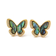 Rack Plating Butterfly Brass Stud Earrings, with Clear Cubic Zirconia, Natural Paua Shell Earrings, Golden, 17x20.5mm(EJEW-N055-55G)