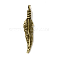 Tibetan Style Alloy Pendants, Feather, Antique Bronze, 31.5x6.5x4mm, Hole: 2mm(FIND-WH0114-53AB)