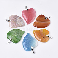 Natural Agate Pendants, with Platinum Plated Brass Pinch Bails, Dyed, Heart, Mixed Color, 45~46x40~43x5~8mm, Hole: 4x5mm(G-R467-10)