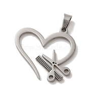 304 Stainless Steel Pendants, Laser Cut, Heart with Scissors & Comb Charm, Stainless Steel Color, 23x23.5x1.5mm, Hole: 6x3mm(STAS-O005-04P)