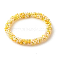 Bling Glass Beads Braided Stretch Bracelet, Crochet Glass Beads Nepal Bracelet for Women, Yellow, Inner Diameter: 1-7/8 inch(4.8cm)(BJEW-JB07423-04)