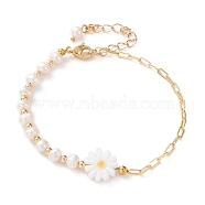 Beaded Bracelets, with Soldered Brass Paperclip & Curb Chains, Natural Freshwater Pearl & Pearl Shell Beads, Brass Crimp Beads Covers, 304 Stainless Steel Lobster Claw Clasps,  Flower, Golden, 7-1/2 inch(19cm)(X-BJEW-JB05777-01)